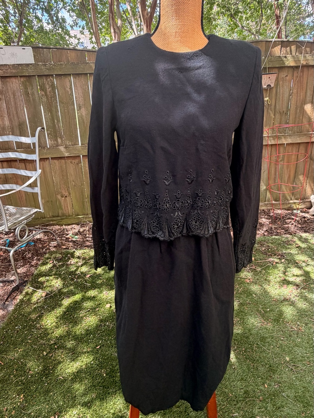 Vintage 80s N.R.1 Ned Gould Black Wool Dress Eyelet Embroidered Dress w/ Pockets